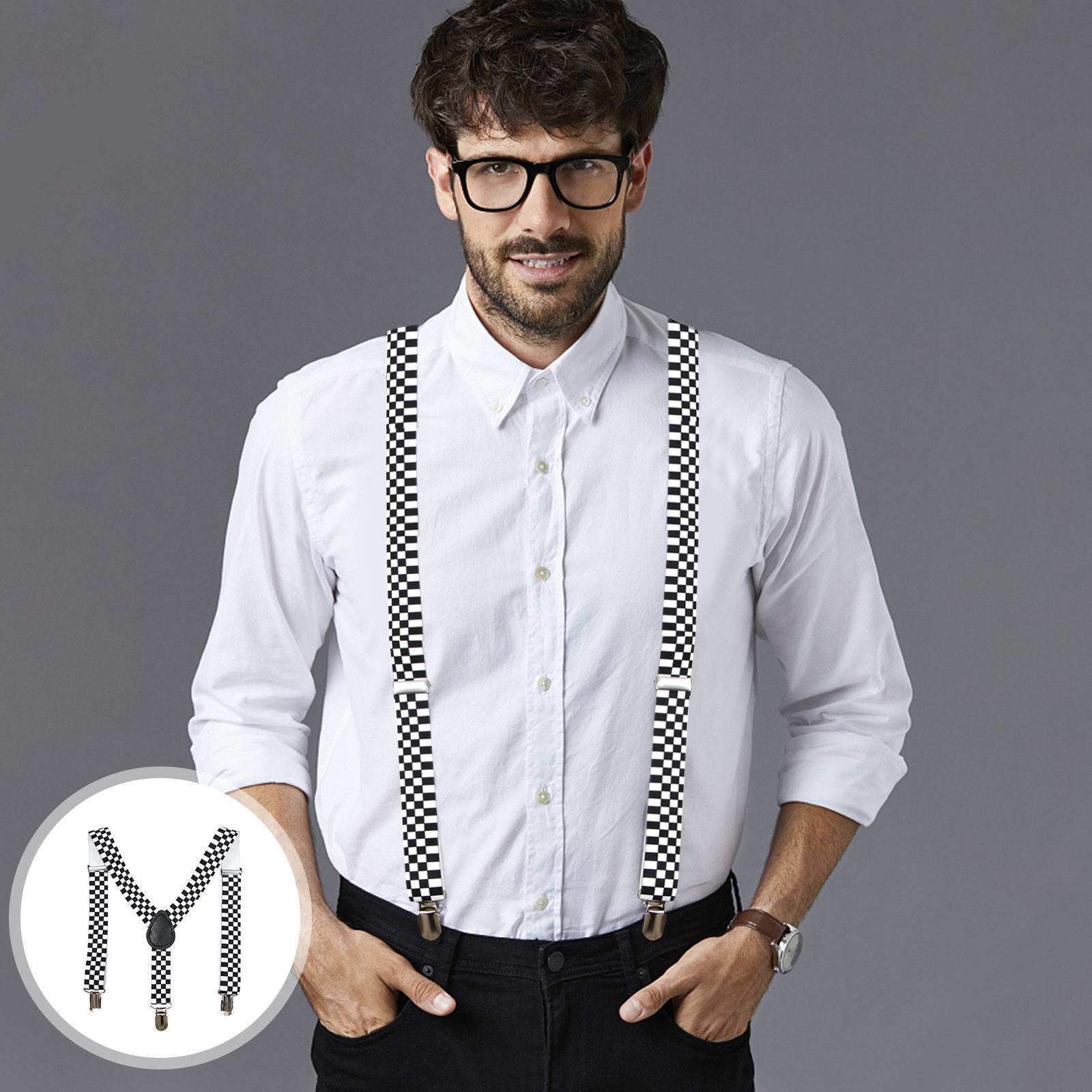 Suspender Clip Formal - Black White Checkered Y-Back Suspender Adjustable